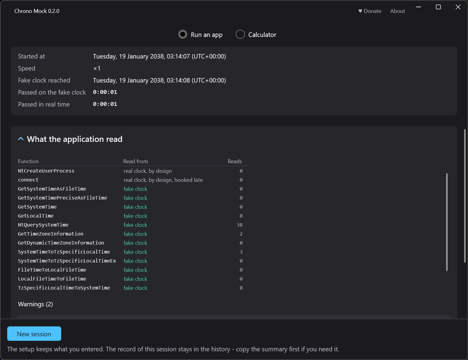 หน้าจอผลลัพธ์ของ Chrono Mock โดยเปิดส่วน What the application read อยู่: ตารางที่มีคอลัมน์ Function, Read from และ Reads NtCreateUserProcess ถูกระบุว่าอ่านจากนาฬิกาจริงตามการออกแบบ และ connect ถูกระบุว่าอ่านจากนาฬิกาจริงตามการออกแบบและถูกฮุกช้า ส่วนแถวที่เหลือ - GetSystemTimeAsFileTime, NtQuerySystemTime, GetTimeZoneInformation และอื่น ๆ - อ่านจากนาฬิกาปลอม แต่ละแถวมีจำนวนของตัวเอง ใต้ตารางมีคำเตือนสองข้อ