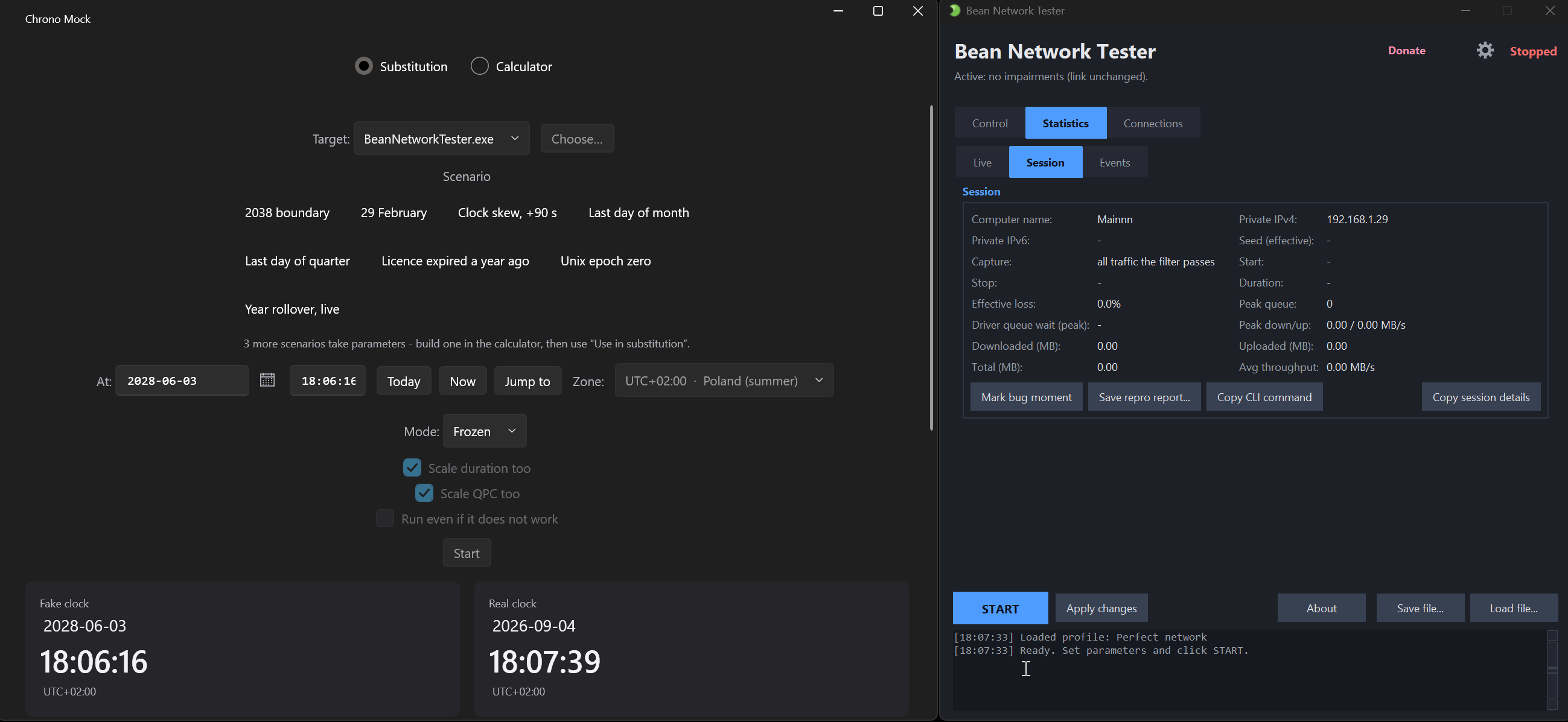 A recording of a session driving another Windows application. The left window is Chrono Mock with the application's clock on 2028-06-03 and the real clock on 2026-09-04, the speed changing from frozen to x10 mid-session. The right window is the application under test, whose own log records the session as having started on 2028-06-03.