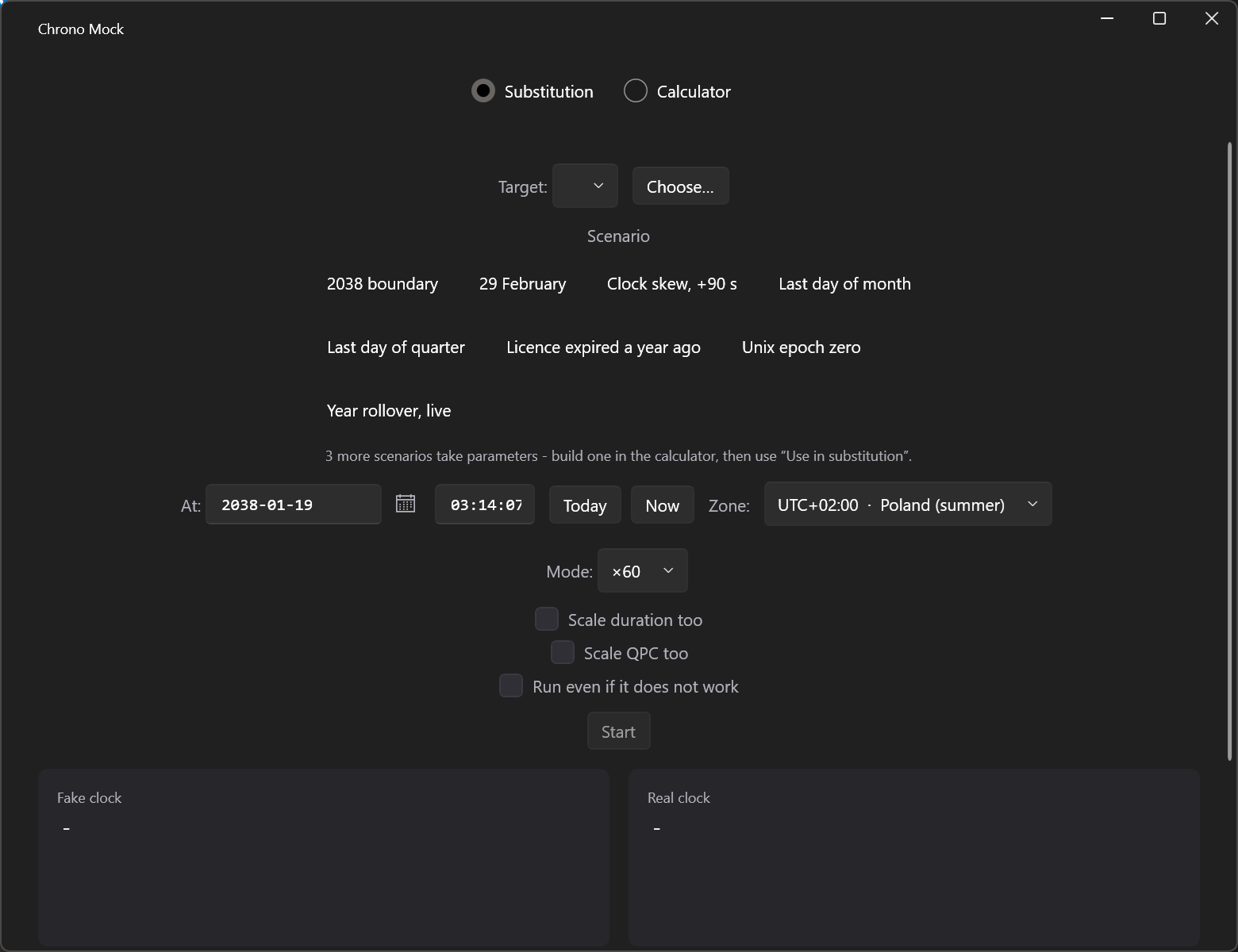 The setup half of the Chrono Mock substitution panel: a target row, eight scenario buttons including 2038 boundary, 29 February and Year rollover, then the date field, the session zone, the speed selector and the Start button.